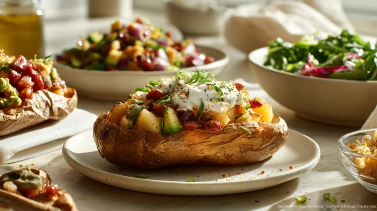 Baked potato bar with cheese, sour cream, veggies, and bacon – a quick customizable 30-minute meal.