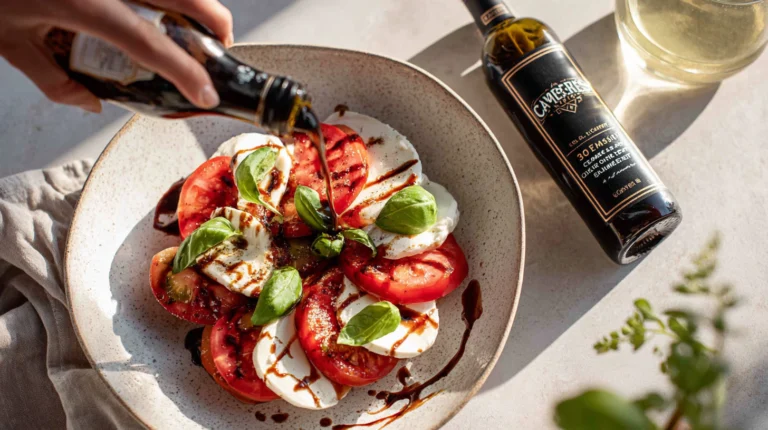 Caprese salad with tomatoes, mozzarella, basil, and balsamic glaze – a quick 30-minute healthy meal.