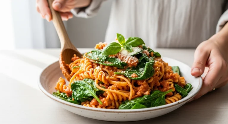 Creamy tomato pasta with spinach in white bowl - 30 minute healthy dinner recipe