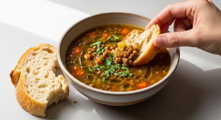 Quick lentil soup recipe with crusty bread, topped with fresh herbs in a white ceramic bowl on wooden surface.