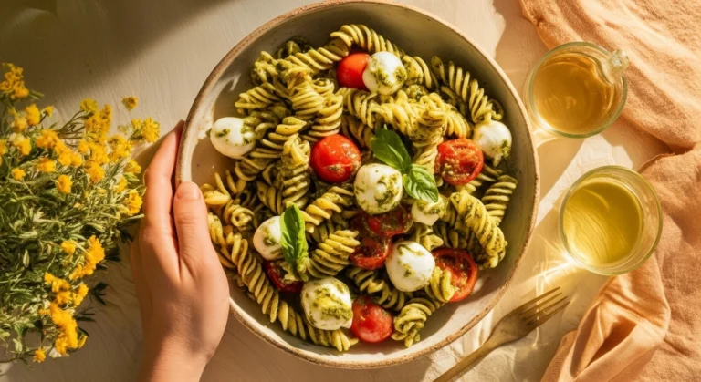 Quick 30-minute pesto pasta with cherry tomatoes and mozzarella – a fresh and easy weeknight meal.