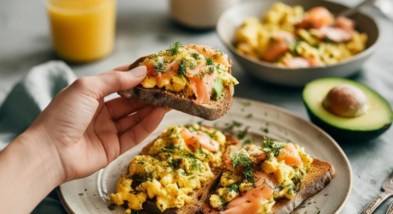 Healthy 30-minute scrambled eggs with smoked salmon and avocado toast – a protein-packed breakfast or brunch.