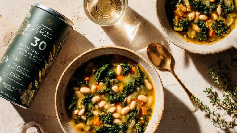 30-minute white bean and kale soup in a bowl, warm and hearty with greens and beans, perfect for a quick healthy meal.