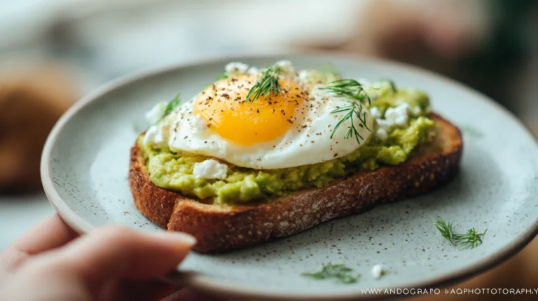 Easy avocado toast with fried egg on whole wheat bread, ready in 5 minutes for busy family breakfast
