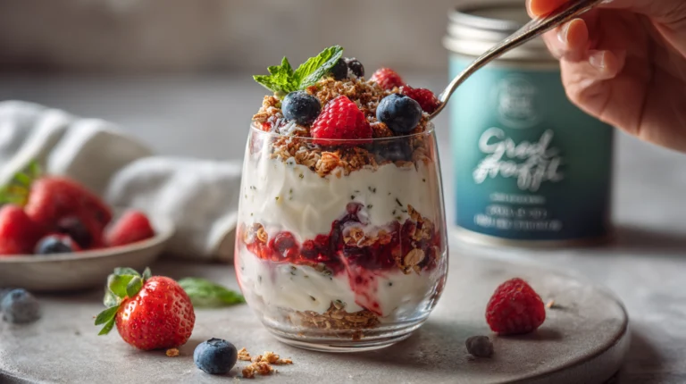 Greek yogurt parfait with strawberries, blueberries, granola, and honey in a clear glass.