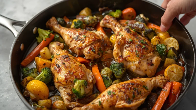 One-pan lemon herb roasted chicken with carrots, potatoes, and green beans – a quick, healthy 30-minute dinner.