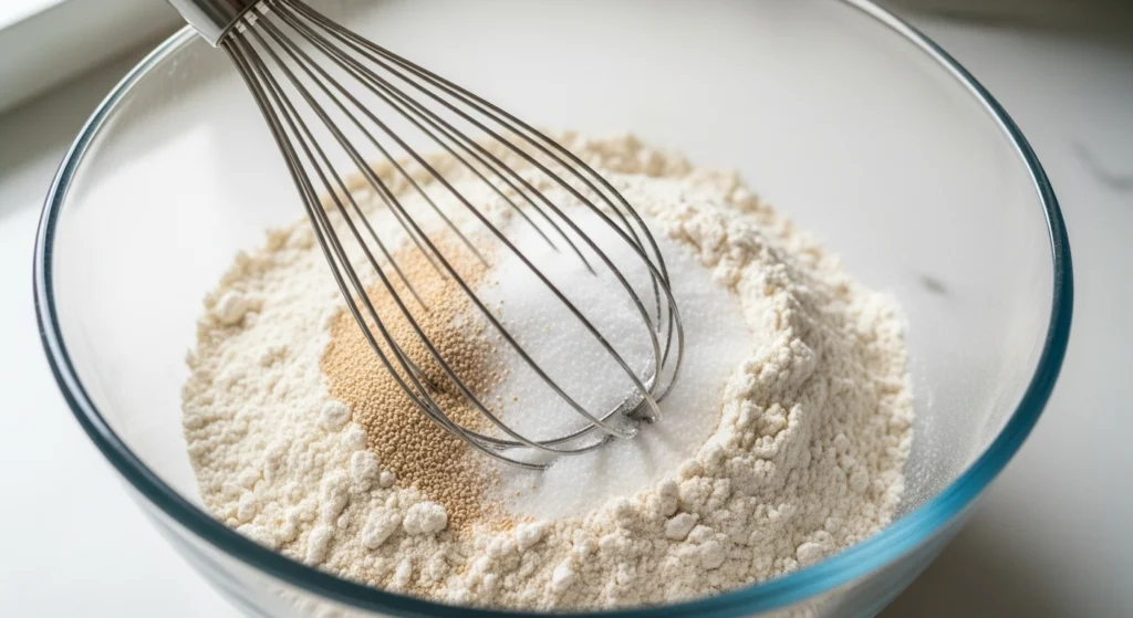 Combine Dry Ingredients (1 minute) In your large bowl, whisk together the 3 cups of flour, the packet of instant yeast, 1 teaspoon salt, and 1 teaspoon sugar.