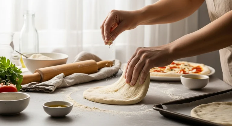 Homemade pizza dough being shaped by hand on a floured surface, made in 30 minutes for an easy pizza night recipe.