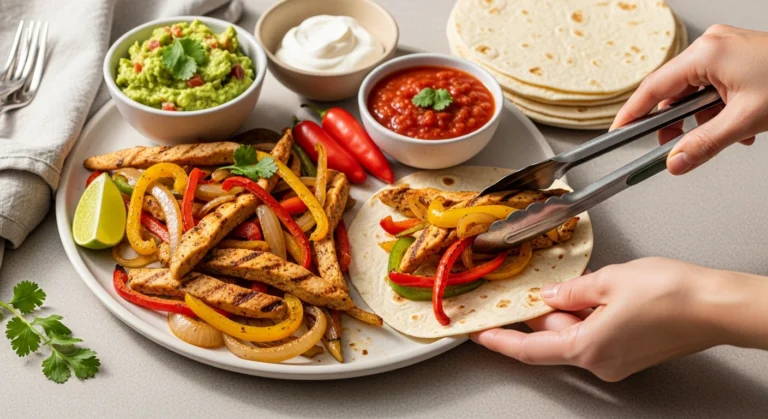 Quick chicken fajitas with colorful peppers, onions, tortillas and fresh toppings on rustic wooden table