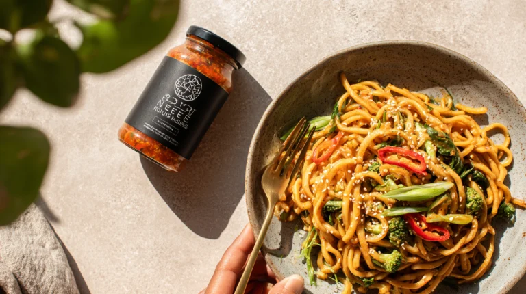 Vegan spicy peanut noodles with colorful vegetables – a quick and healthy 30-minute meal.