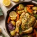 One-pan lemon herb roasted chicken with broccoli, carrots, and potatoes, a healthy and easy weeknight dinner.