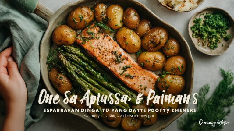 Healthy one-pan salmon with asparagus and roasted potatoes for an easy, nutritious dinner.
