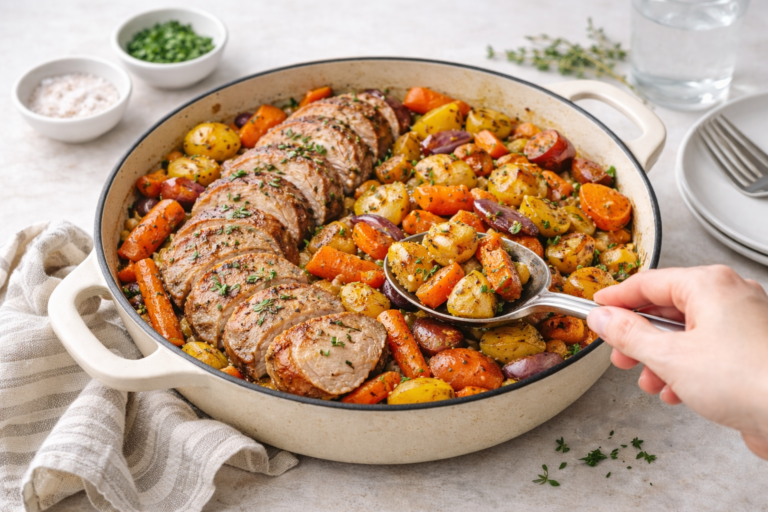 One-pan roasted pork tenderloin with carrots, potatoes, and onions, golden and caramelized in a skillet.