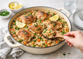 One-pan roasted pork tenderloin with root vegetables, golden and caramelized, served in a skillet with fall flavors.