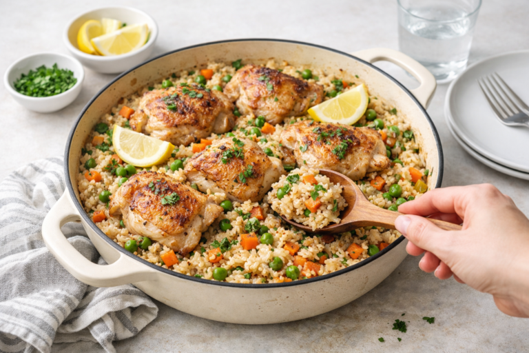 One-pan roasted pork tenderloin with root vegetables, golden and caramelized, served in a skillet with fall flavors.