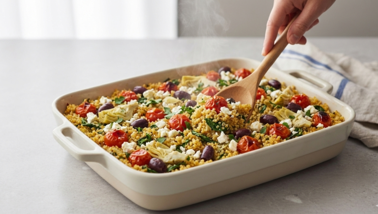 One-pan Mediterranean quinoa bake with tomatoes, olives, feta, and fresh herbs, photographed in bright natural light.