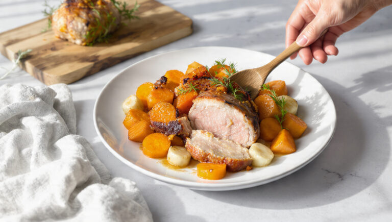 One-pan roasted pork tenderloin with fall root vegetables, carrots, and sweet potatoes on a dark baking sheet.