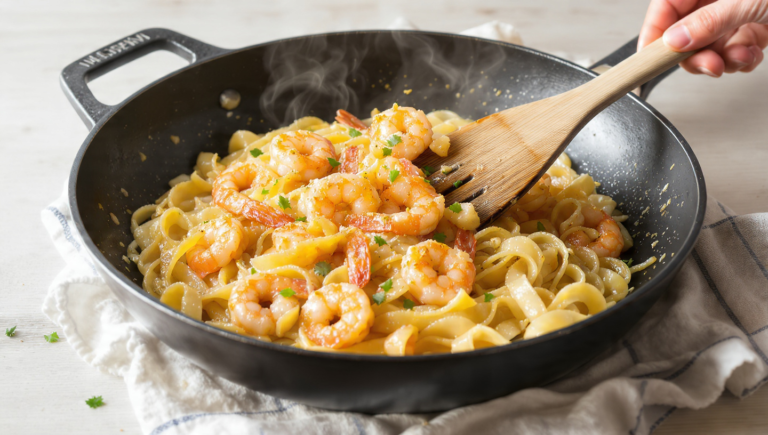 One-pan shrimp scampi with linguine in garlic butter sauce, photographed at a 45-degree angle in natural light.