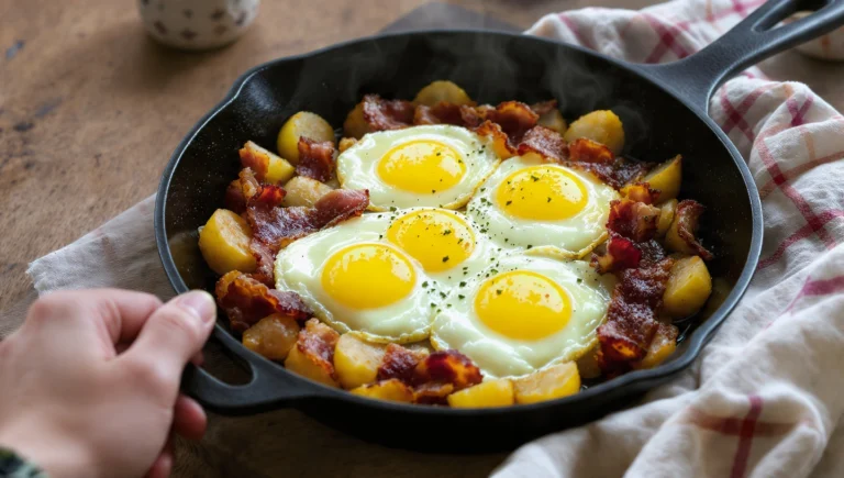 One-pan breakfast hash with potatoes, bacon, and sunny-side-up eggs cooked in a skillet.