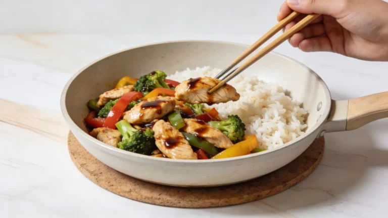 One-pan chicken stir-fry with colorful vegetables, glossy sauce, and Asian-inspired flavors.