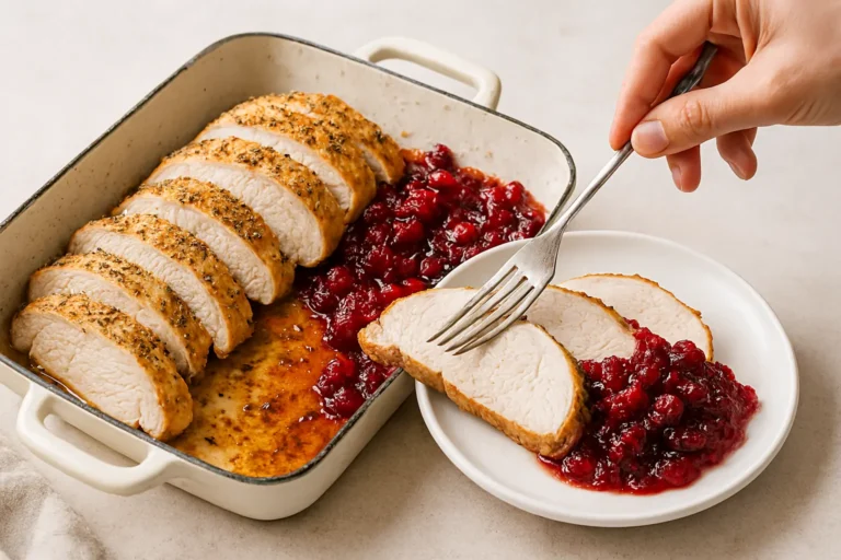 One-pan roasted turkey breast with cranberry sauce, golden and festive, served straight from the pan.