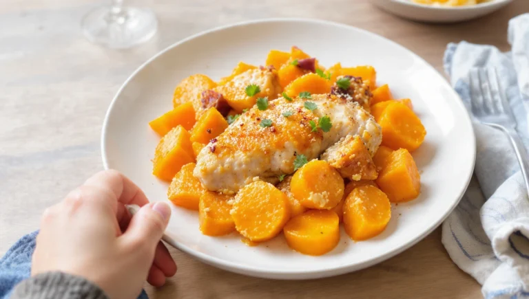 One-pan chicken and sweet potato bake with roasted vegetables, golden and wholesome in a skillet.