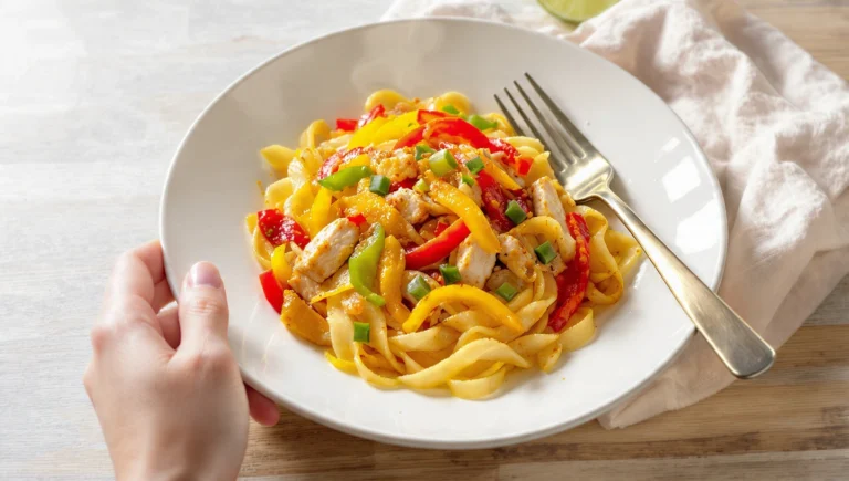 One-pan chicken fajita pasta with bell peppers and onions, creamy and colorful in a skillet.