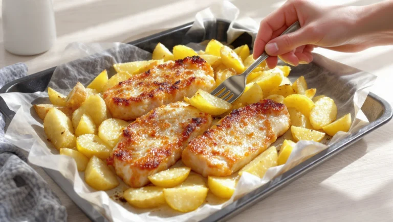 One-pan fish and chips with baked fish fillets and roasted potatoes, lighter and golden in a pan.