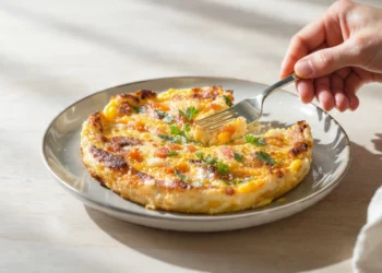 One-pan frittata with eggs, vegetables, and cheese, lightly golden and ready to serve.