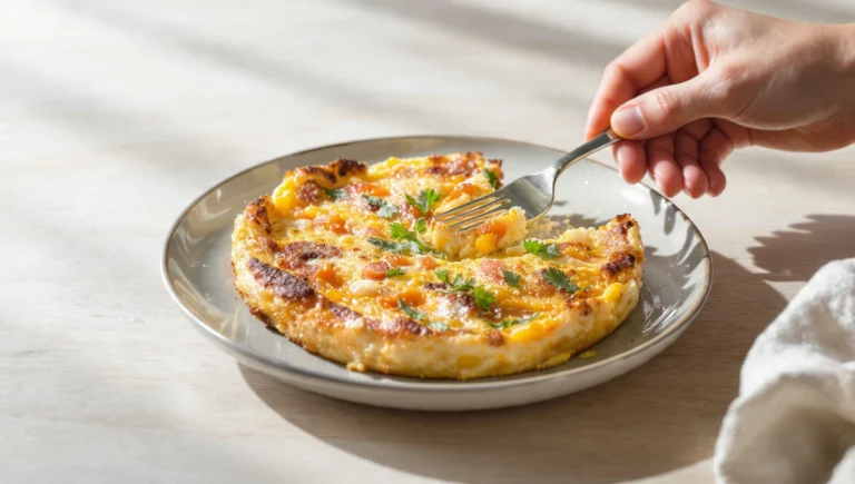 One-pan frittata with eggs, vegetables, and cheese, lightly golden and ready to serve.