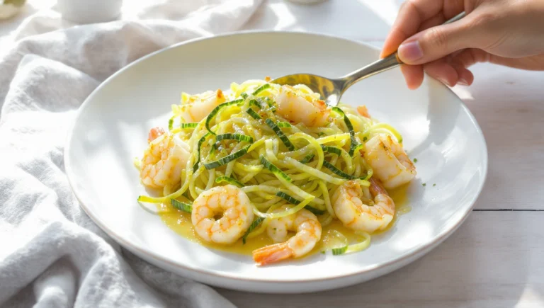 One-pan lemon garlic shrimp with zucchini noodles, light, fresh, and low-carb in a skillet.