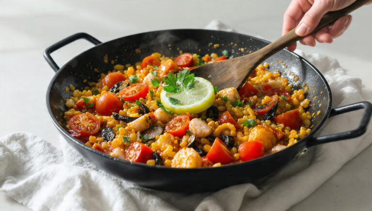 One-pan paella with saffron rice, seafood, and vegetables, colorful and ready to serve.