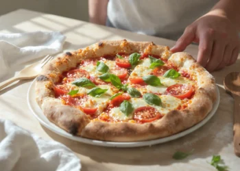 One-pan homemade pizza with melted cheese and toppings, baked in a skillet and ready to serve.