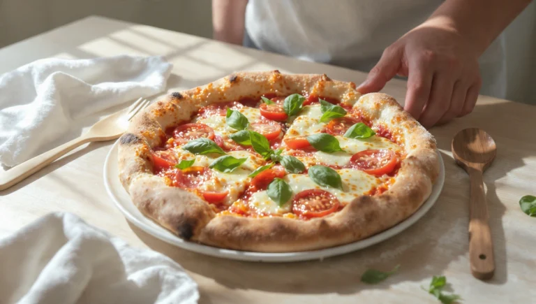 One-pan homemade pizza with melted cheese and toppings, baked in a skillet and ready to serve.