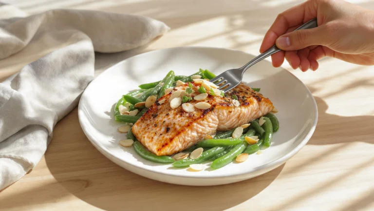 One-pan salmon with green beans and toasted almonds, lightly browned and served straight from the pan.