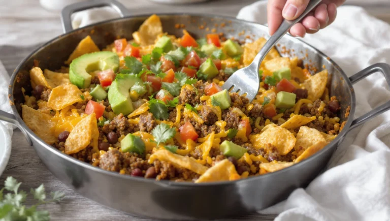 One-pan taco bake with seasoned meat, tortillas, and melted cheese, colorful and family-friendly.
