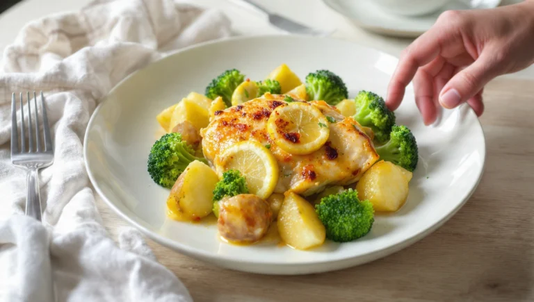 One-pan lemon chicken with potatoes and broccoli, golden and fresh, served straight from the pan.