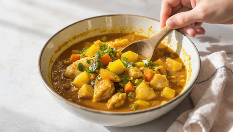 One-pan chicken and vegetable curry with colorful vegetables in a rich, spiced sauce.