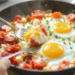 One-pan eggs in purgatory with poached eggs in spicy tomato sauce, Italian-style breakfast.