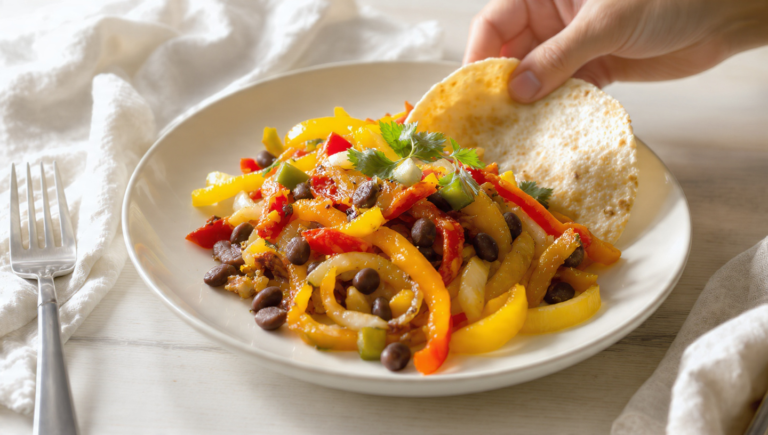 One-pan vegetarian fajitas with bell peppers and onions, colorful and ready to serve.