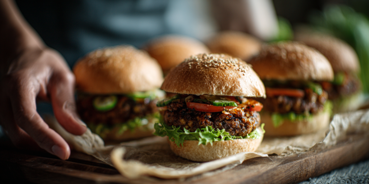 Homemade black bean vegetarian burgers, pan-cooked and served with simple toppings.