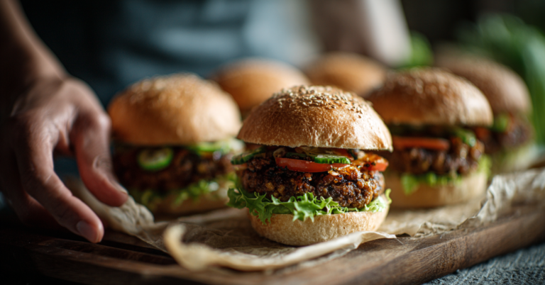 Homemade black bean vegetarian burgers, pan-cooked and served with simple toppings.