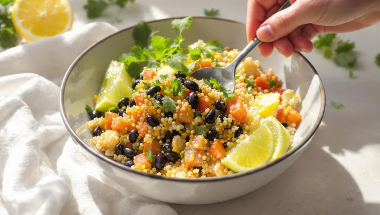 Vegetarian burrito bowl with quinoa and black beans, colorful, fresh, and quick to prepare.