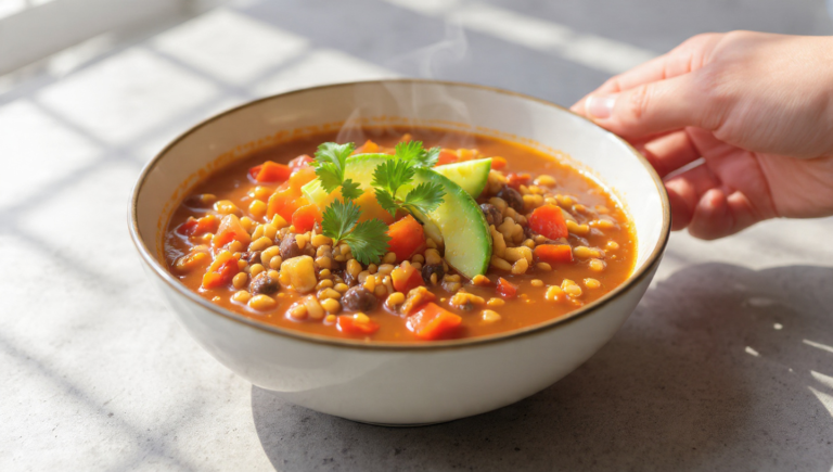 Quick vegetarian chili with beans and vegetables, hearty and ready in 30 minutes.