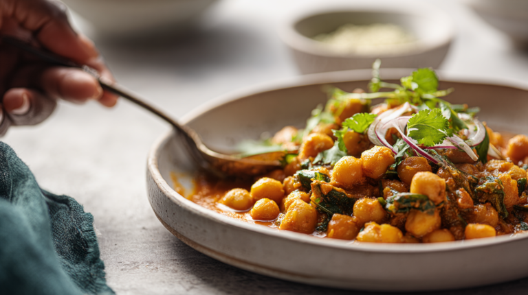 Vegetarian chickpea curry with spices and vegetables, quick and ready in 30 minutes.