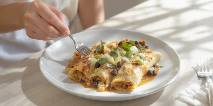 Vegetarian enchiladas with canned beans, quick to prepare and topped with melted cheese.