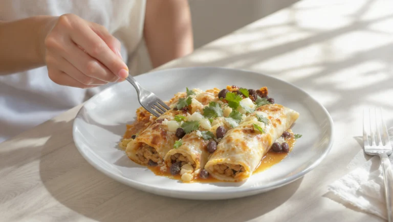 Vegetarian enchiladas with canned beans, quick to prepare and topped with melted cheese.