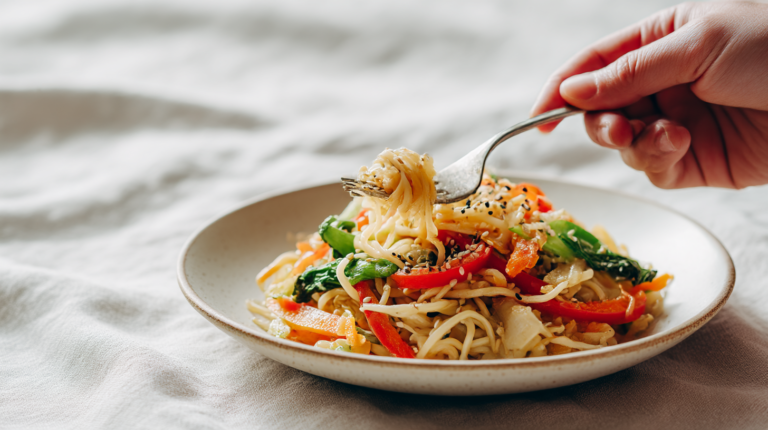 Sesame noodles with vegetables in a quick vegetarian noodle bowl, simple and flavorful.