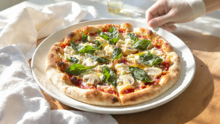 Quick vegetarian pizza using store-bought dough, topped with vegetables and melted cheese.