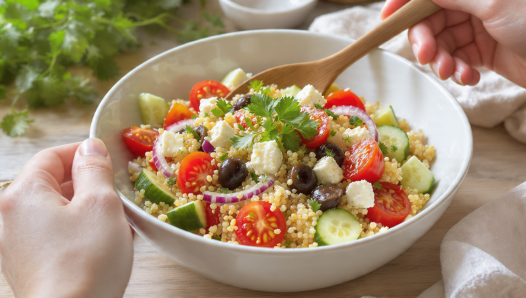 Mediterranean quinoa salad with fresh vegetables and herbs, quick and easy vegetarian dish.